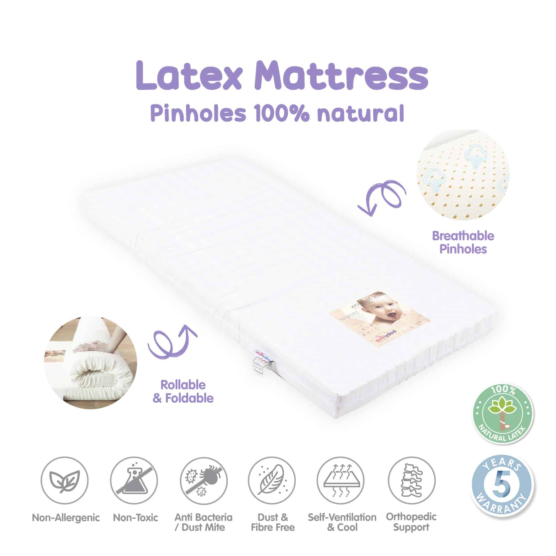 Babylove 100% Natural Latex Mattress (Multiple Sizes Available) + 5 Years of Warranty